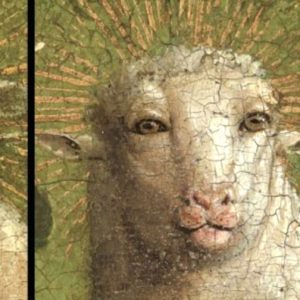 Closeup of a painting with sheep as the subject