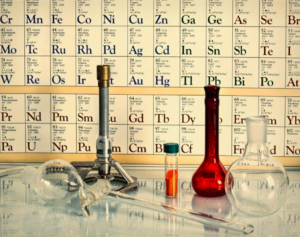 Periodic table pasted on wall behind a table
