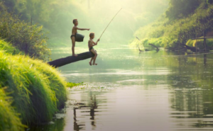 Children fishing with rods