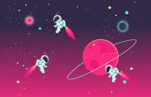 Cartoon astronauts in outer space