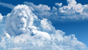 Representation of a lion and sheep on the clouds